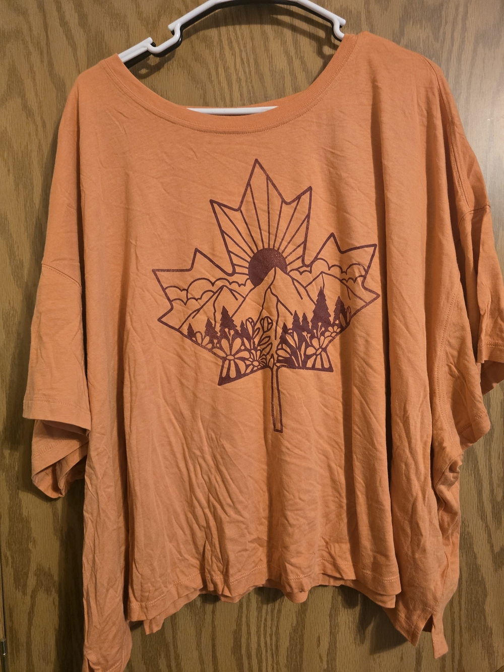 Old Navy Orange Crop Tee with Maroon Leaf Mountain Graphic